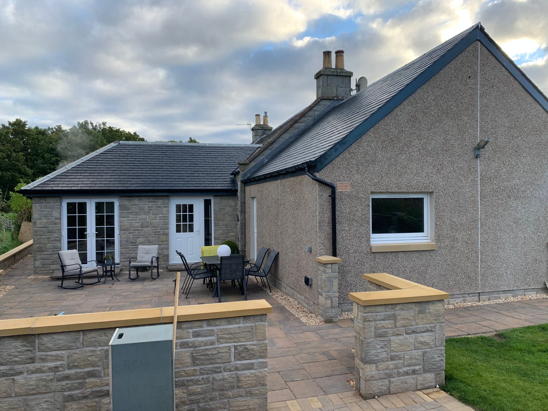 Completed extension with patio area in Perthshire